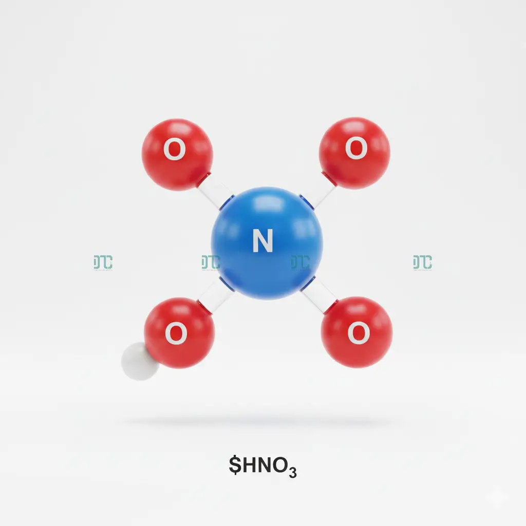 Mô hình công thức cấu tạo phân tử axit nitric hno3 với nguyên tử nitơ hóa trị V ở trung tâm.