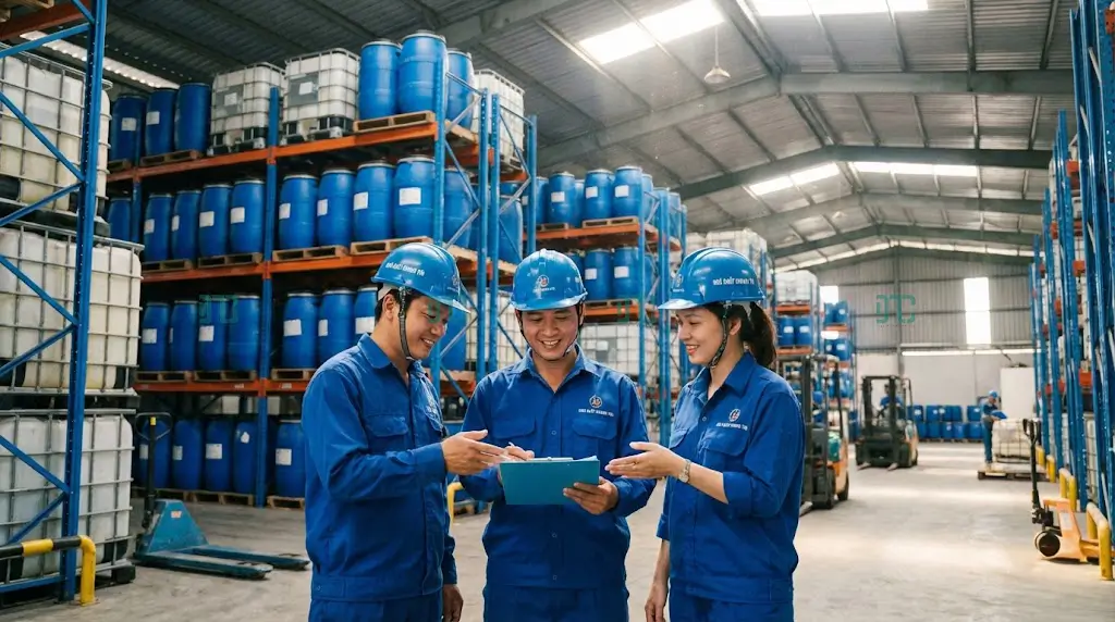 Đội ngũ nhân viên Hóa Chất Doanh Tín tại kho hàng