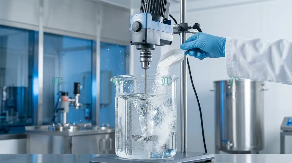 Kỹ thuật pha HEC không vón cục bằng cách tạo xoáy nước tốc độ cao và rắc bột từ từ vào tâm xoáy.