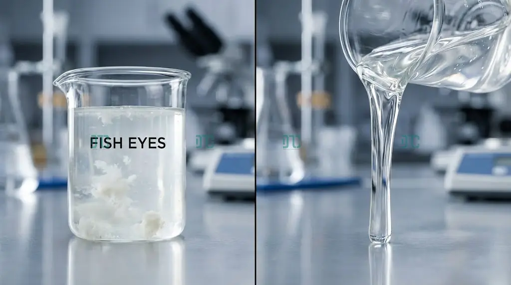 Hình ảnh so sánh dung dịch HEC bị vón cục mắt cá (trái) và dung dịch HEC tan hoàn toàn, trong suốt, độ nhớt cao (phải).