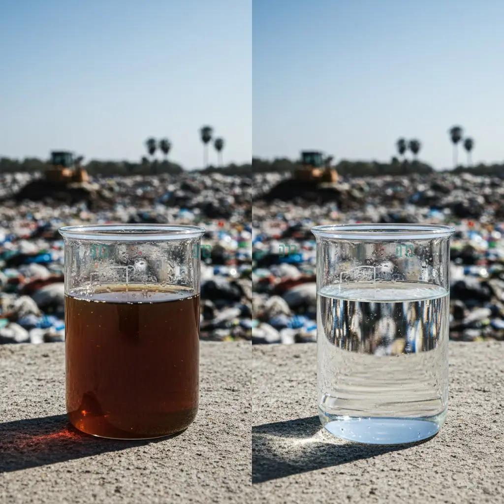 So sánh mẫu nước rỉ rác màu vàng sẫm và nước sau xử lý trong suốt bằng hóa chất khử màu chuyên dụng tại bãi chôn lấp.