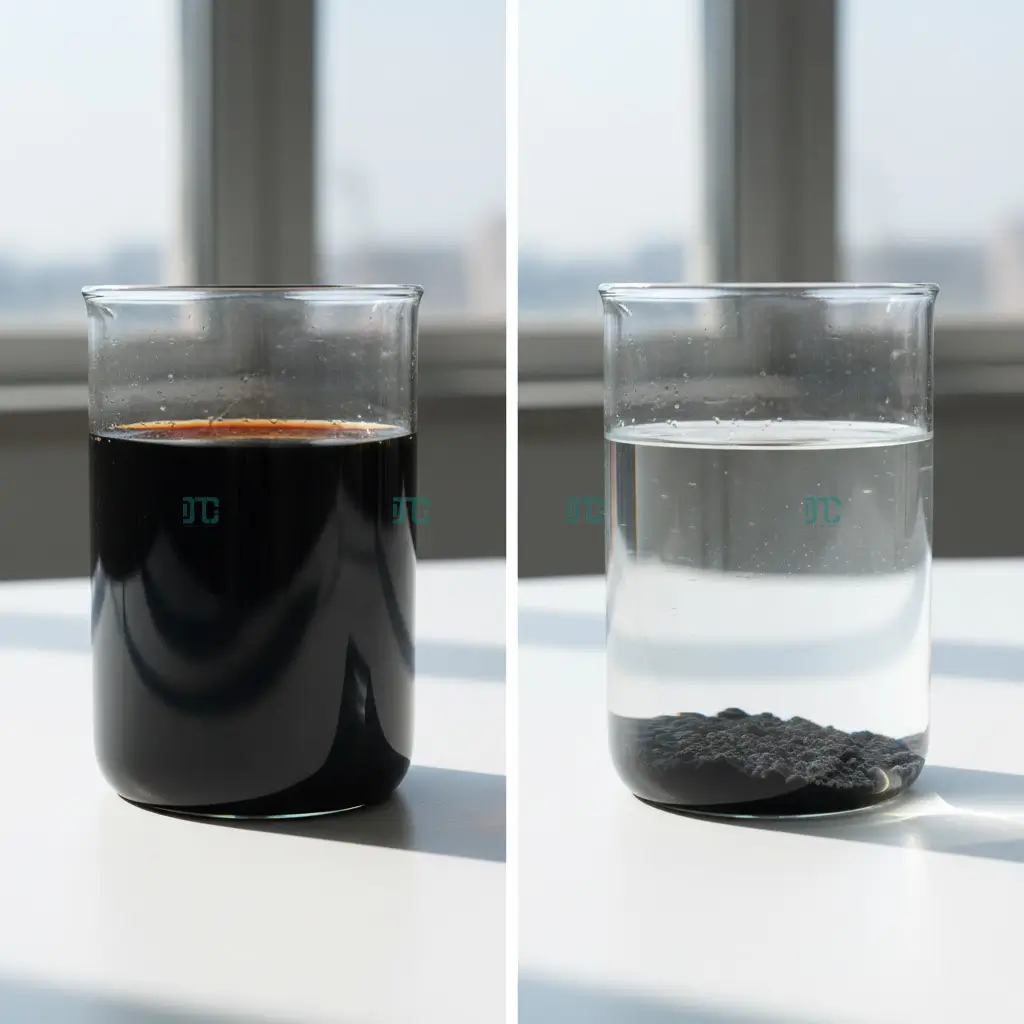 So sánh mẫu nước thải mực in màu đen và nước sau xử lý trong vắt bằng hóa chất phá màu chuyên dụng tại phòng thí nghiệm.