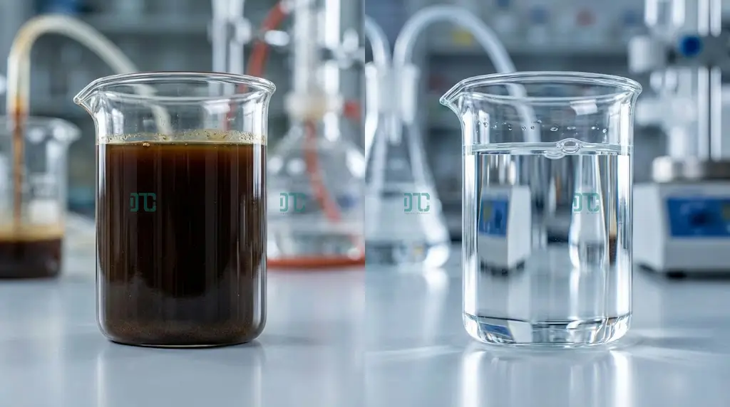 Hình ảnh so sánh nước thải rỉ mật màu nâu đen và nước sau xử lý trong suốt bằng công nghệ Fenton và keo tụ.