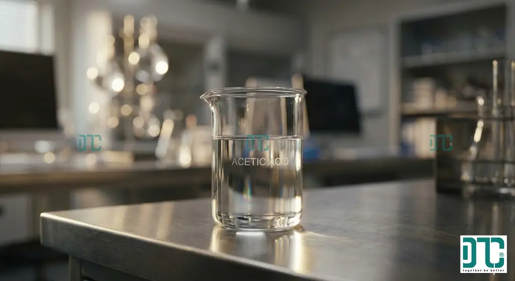 Hình ảnh dung dịch Axit Axetic (CH3COOH) tinh khiết trong suốt trong phòng thí nghiệm hóa chất chuẩn ISO.