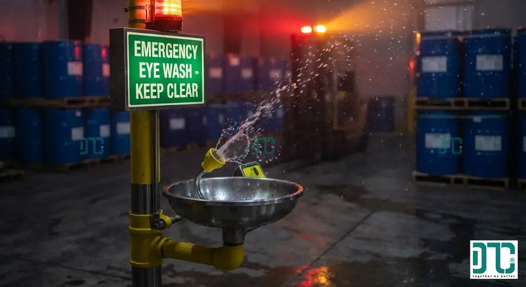 Trạm rửa mắt khẩn cấp và quy trình sơ cứu khi bị dính Axit Axetic vào mắt tại nhà xưởng.