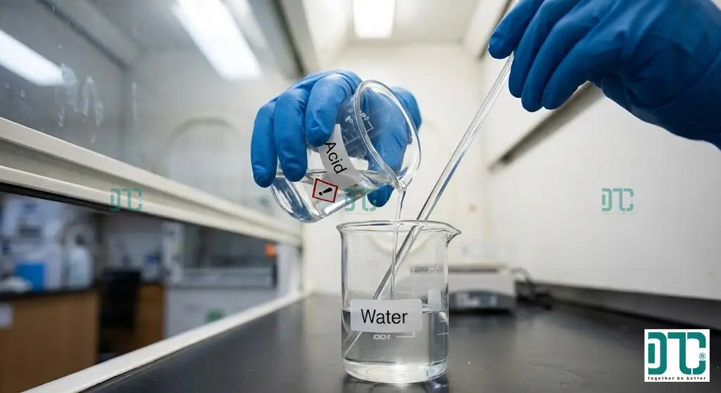 Quy trình pha loãng axit sulfuric an toàn: Rót từ từ axit vào nước dọc theo đũa thủy tinh để tránh bắn tung tóe.