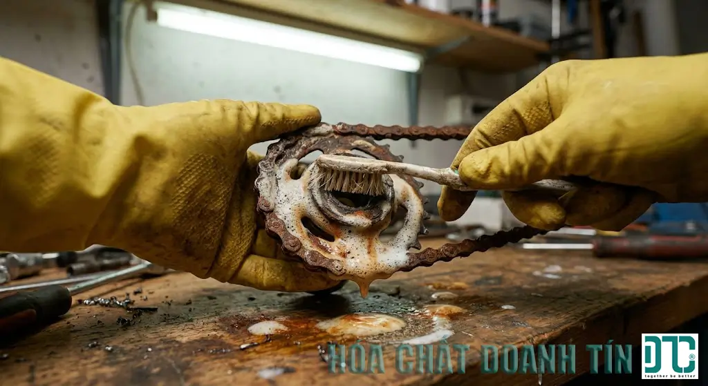 Hướng dẫn cách dùng bàn chải và hỗn hợp baking soda để chà sạch vết rỉ sét trên xích xe đạp chi tiết.