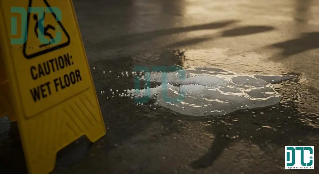 Cảnh báo an toàn: Hạt Polymer Cation khi gặp nước sẽ tạo thành lớp gel cực kỳ trơn trượt, gây nguy hiểm cho người vận hành.