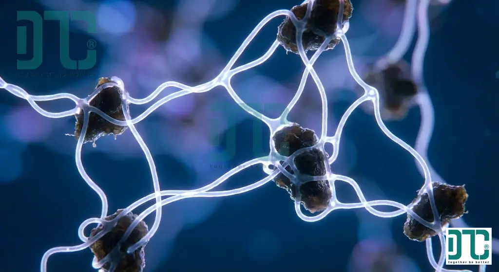 Mô phỏng cơ chế cầu nối của Polymer Cation: Các chuỗi polymer dài kết dính các hạt cặn lơ lửng thành bông bùn kích thước lớn.