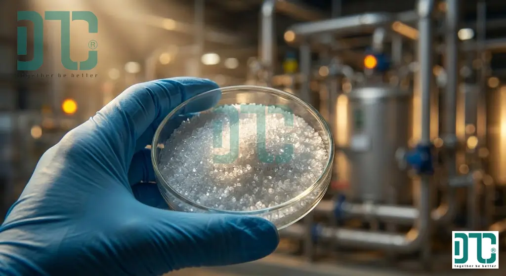 Cận cảnh hạt nhựa Polymer Cation (CPAM) màu trắng tinh thể trong đĩa petri, được sử dụng làm chất trợ lắng trong xử lý nước thải công nghiệp.