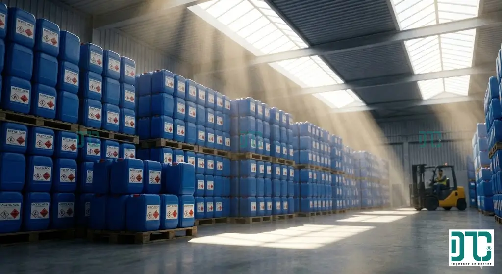 Kho hàng Axit Axetic quy cách can 30kg và phuy 200kg sẵn sàng giao hàng tại Hóa Chất Doanh Tin.