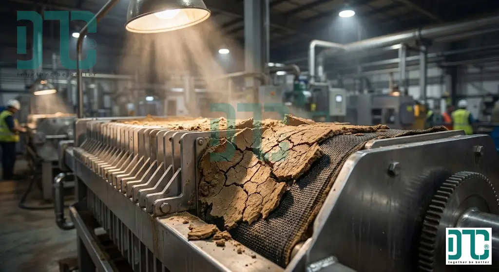 Máy ép bùn khung bản đang hoạt động với bánh bùn khô, nứt nẻ sau khi sử dụng hóa chất Polymer Cation C1492 để tách nước.