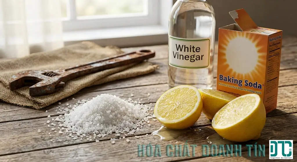 Tổng hợp các nguyên liệu tẩy rỉ sét tự nhiên tại nhà gồm chanh tươi, muối hạt, giấm trắng và baking soda trên bàn gỗ.