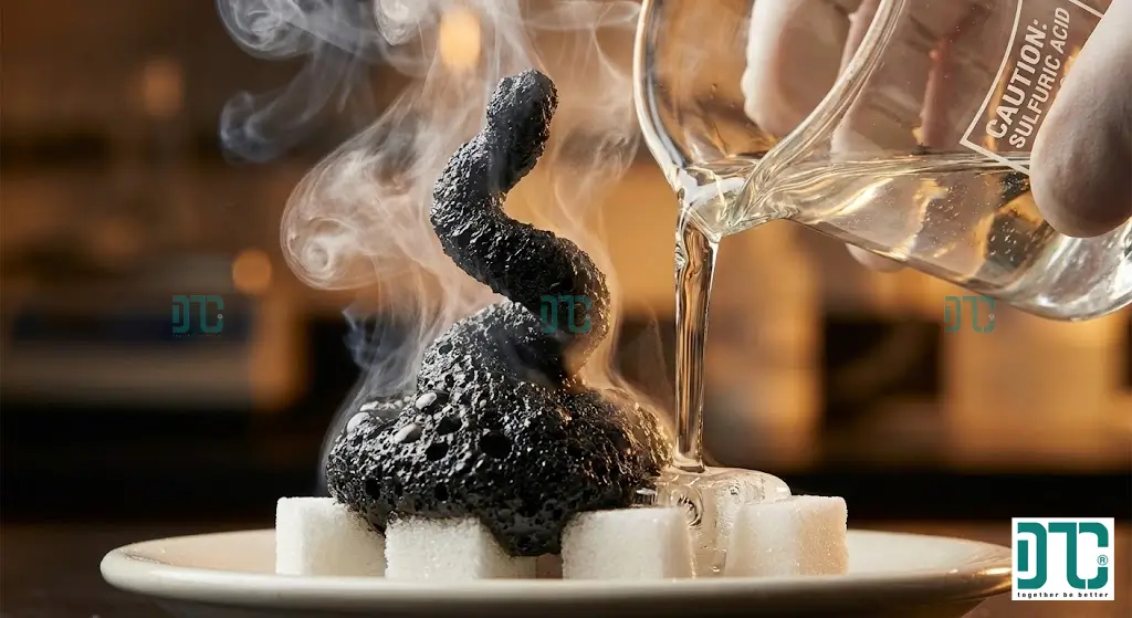 Phản ứng hóa học tỏa nhiệt khi axit sulfuric đậm đặc tiếp xúc với đường trắng gây hiện tượng than hóa và bốc khói đen.