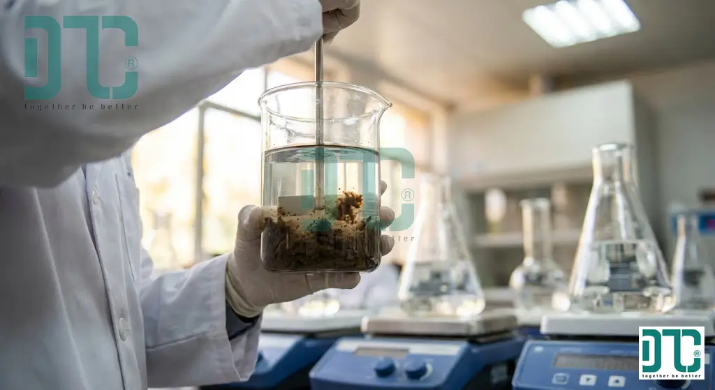 Hình ảnh thực tế quá trình keo tụ tạo bông trong thí nghiệm Jartest: Bông bùn kết tủa lớn và tách lớp rõ rệt khỏi nước trong nhờ Polymer Cation.