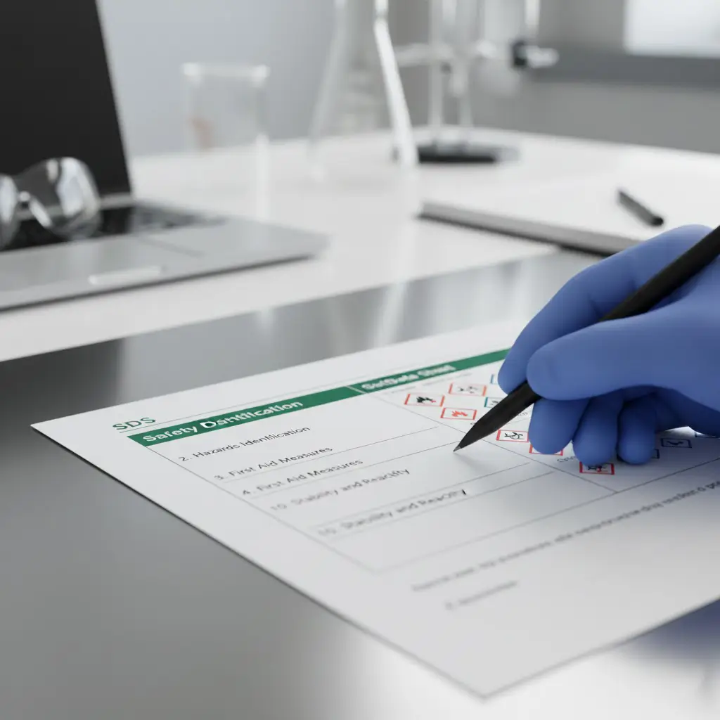 Cấu trúc phiếu an toàn hóa chất SDS GHS 16 mục, làm nổi bật 3 mục tử huyệt (2, 4, 10)
