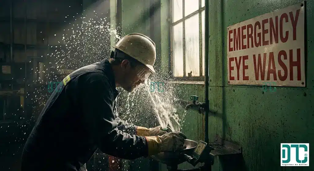 Hướng dẫn sử dụng bồn rửa mắt khẩn cấp để sơ cứu khi bị axit sulfuric bắn vào mắt trong nhà máy.