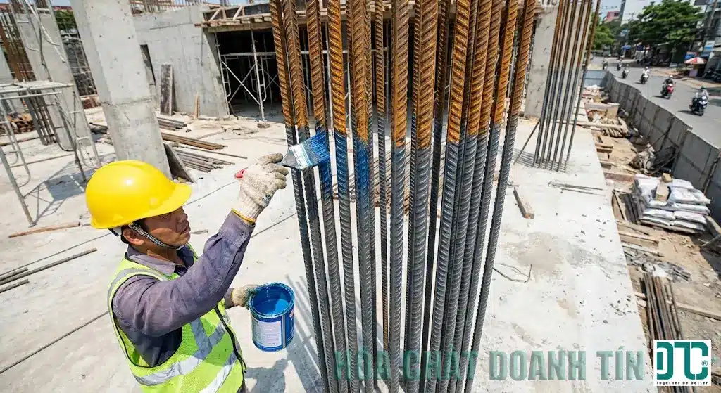 Thi công quét hóa chất tẩy rỉ sét B05 lên cốt thép xây dựng để biến đổi gỉ và bảo quản thép trước khi đổ bê tông.