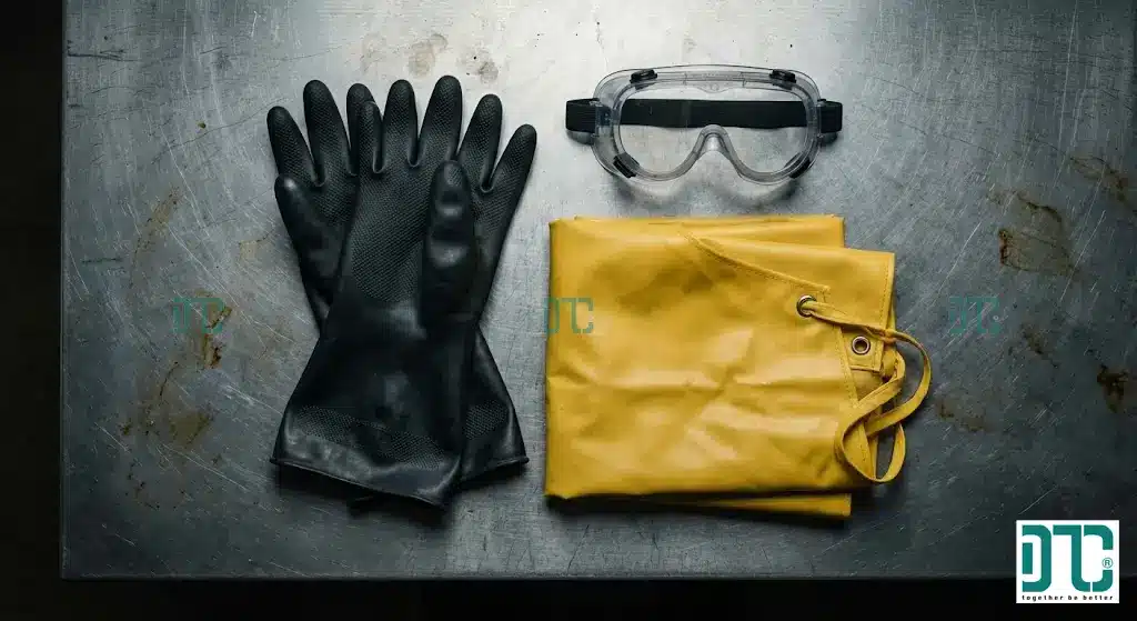Bộ trang bị bảo hộ lao động PPE gồm kính chống hóa chất, găng tay cao su Butyl và tạp dề PVC khi làm việc với axit sulfuric.