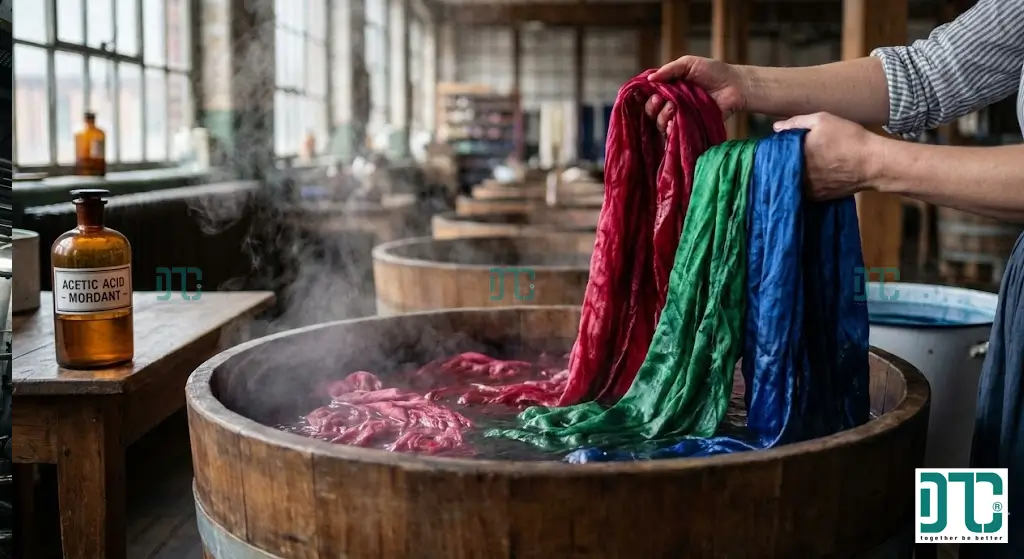 Ứng dụng của Axit Axetic trong ngành dệt nhuộm giúp điều chỉnh pH và tăng độ bền màu cho vải sợi.