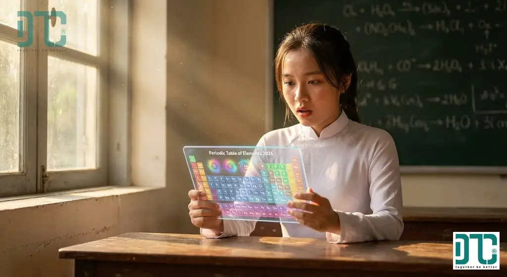 Hình ảnh học sinh Việt Nam đang tra cứu bảng tuần hoàn các nguyên tố hóa học mới nhất 2026 cập nhật theo chương trình giáo dục phổ thông mới.