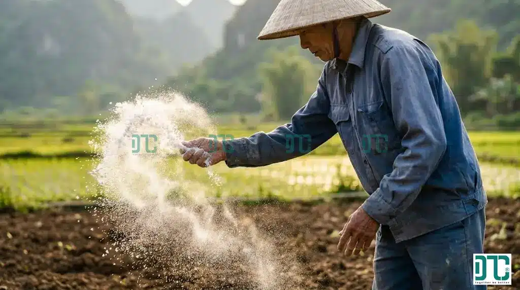 Nông dân bón vôi bột Ca(OH)2 cải tạo đất phèn, hướng dẫn cách bón vôi cho 1 sào ruộng hiệu quả.