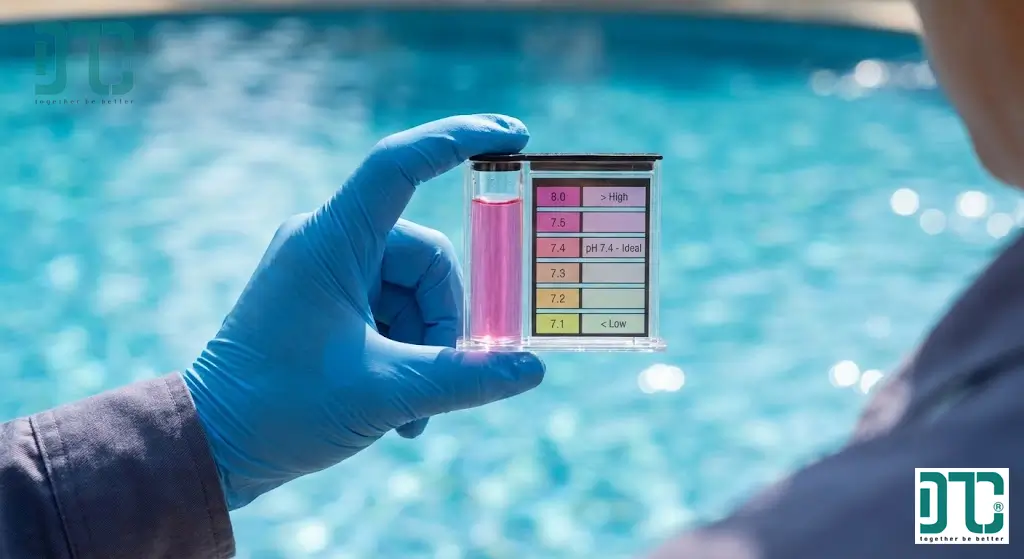 Cách kiểm tra nồng độ Clo dư và cân bằng độ pH nước hồ bơi bằng bộ test kit chuyên dụng.