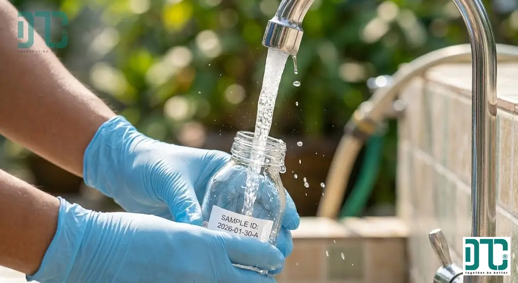 Quy trình lấy mẫu nước xét nghiệm đúng kỹ thuật vào chai vô trùng để kiểm tra chỉ tiêu vi sinh và lý hóa.