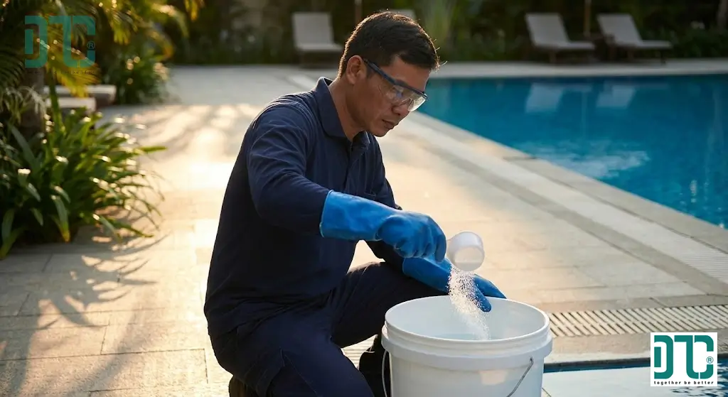 Cách pha hóa chất xử lý nước hồ bơi an toàn sử dụng Clo bột 70% và đồ bảo hộ lao động.