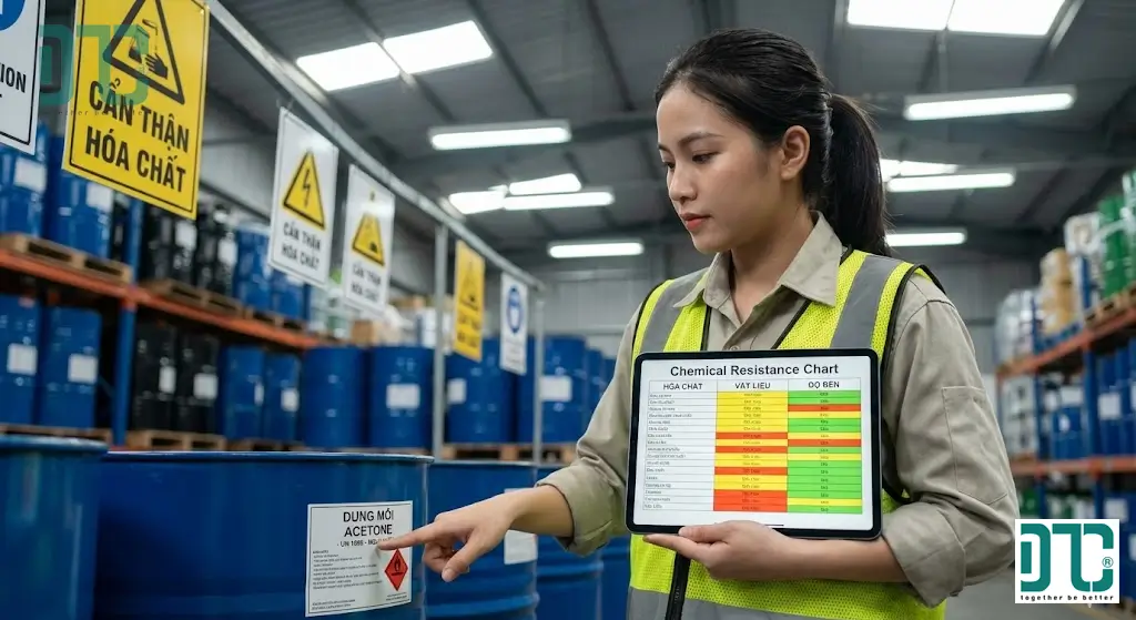 Hướng dẫn sử dụng bảng kháng hóa chất Cole-Parmer và MSDS để tra cứu tương kỵ hóa chất trong kho bãi.
