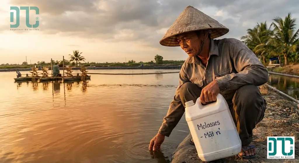 Cách sử dụng mật rỉ đường kiểm soát pH và xử lý khí độc NH3 NO2 trong ao nuôi tôm thẻ chân trắng.