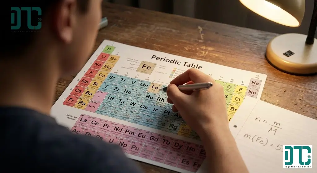 Cách tra cứu bảng tuần hoàn hóa học và sử dụng công thức tính số mol n=m/M để giải bài tập hóa học thủ công.