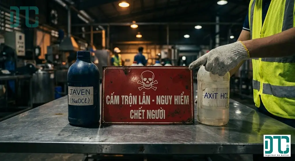 Biển cảnh báo an toàn hóa chất nghiêm ngặt tại nhà máy: Tuyệt đối không pha trộn nước Javen (NaOCl) với Axit HCl để tránh phản ứng sinh khí Clo độc hại gây nguy hiểm tính mạng.