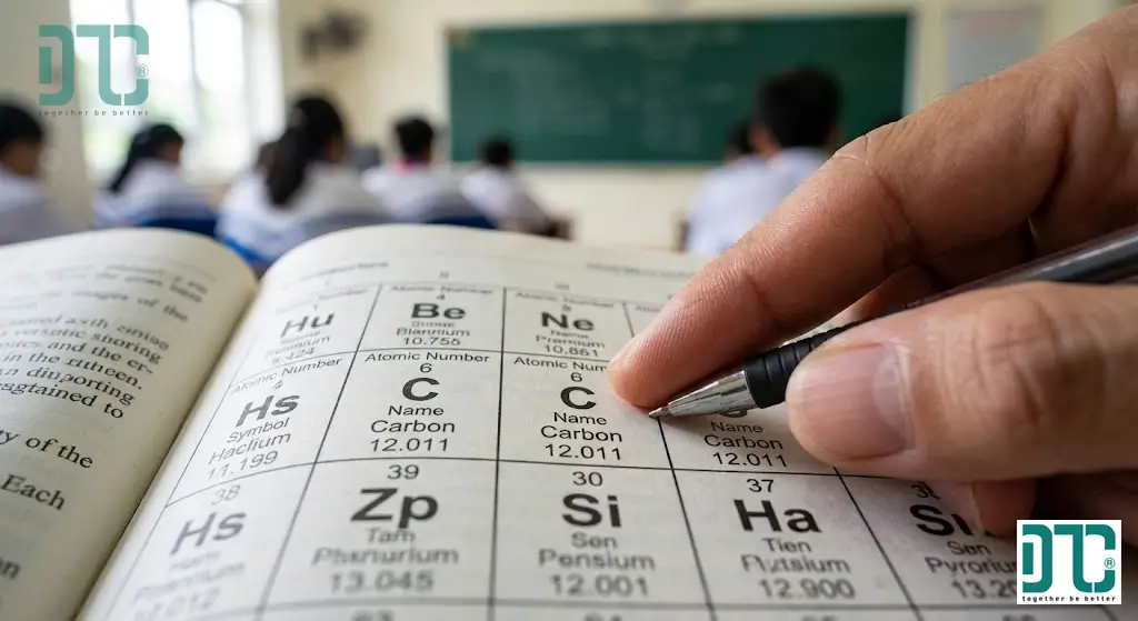 Cấu tạo ô nguyên tố trong bảng tuần hoàn bao gồm số hiệu nguyên tử, ký hiệu hóa học, tên tiếng Anh IUPAC và nguyên tử khối trung bình.