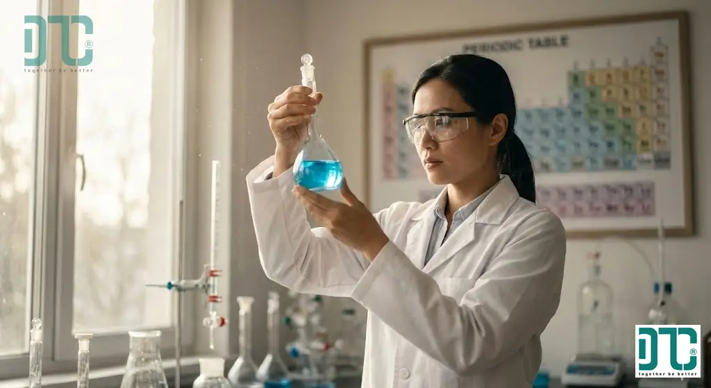 Kỹ sư hóa chất Hóa Chất Doanh Tín đang kiểm tra nồng độ dung dịch chuẩn trong phòng thí nghiệm hiện đại.