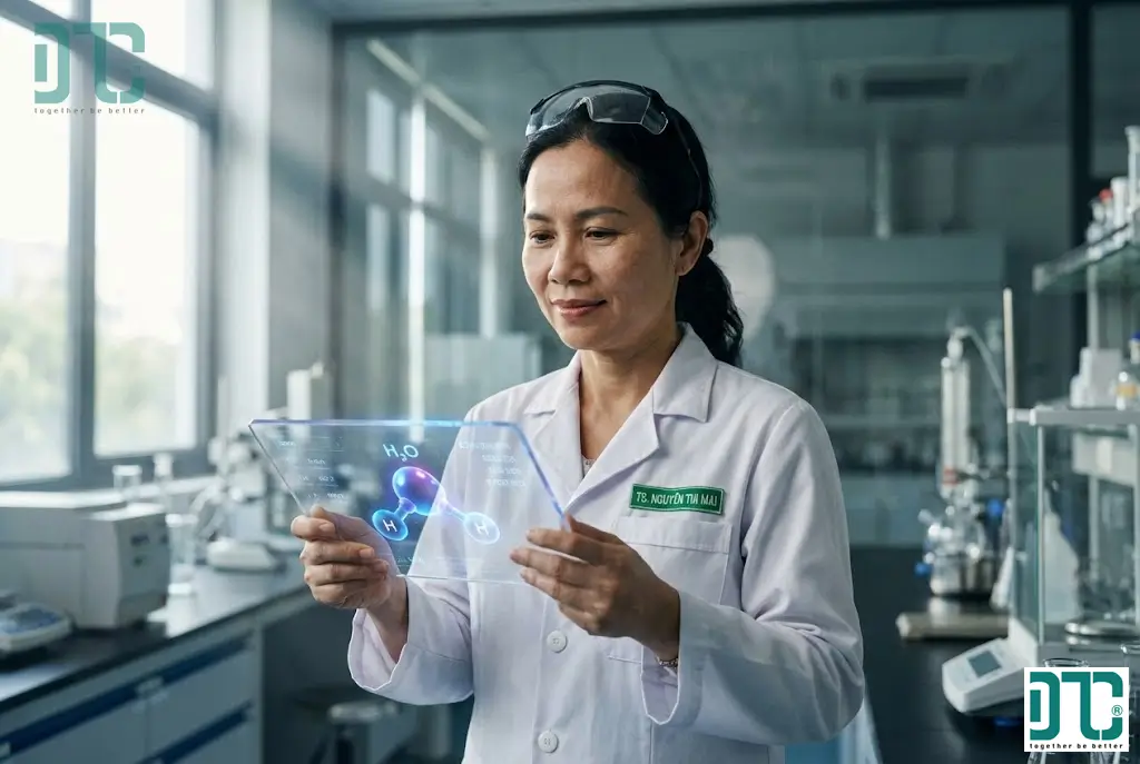 Chuyên gia hóa học Hóa Chất Doanh Tín đang sử dụng máy tính khối lượng mol online để phân tích cấu trúc phân tử H2O và tính toán lượng pháp.