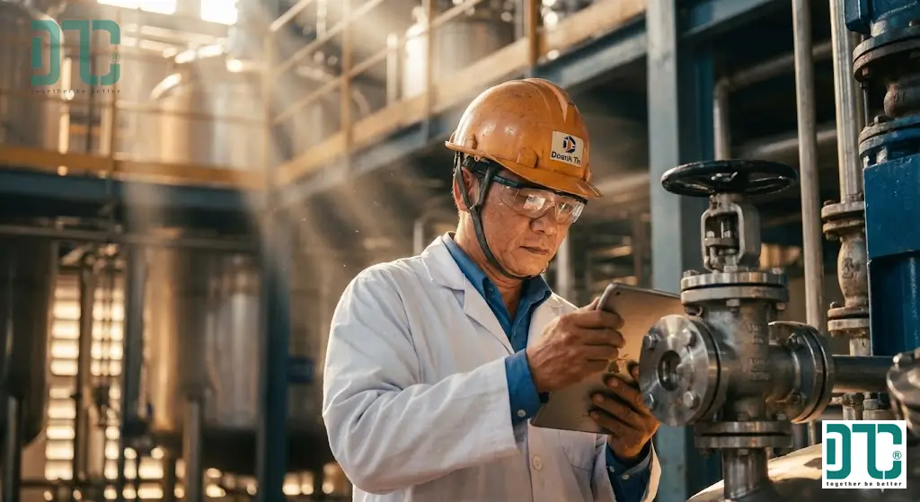 Kỹ sư Hóa Chất Doanh Tín đang kiểm tra độ bền hóa học của van inox trong quy trình tra cứu tương thích hóa chất an toàn.