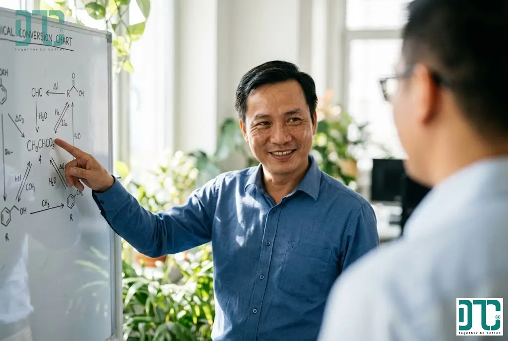 Chuyên gia Hóa Chất Doanh Tín đang tư vấn cách tính toán và quy đổi đơn vị hóa học cho khách hàng.