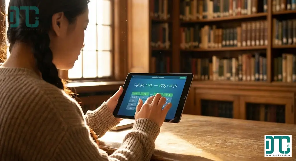 Học sinh sử dụng công cụ cân bằng phương trình hóa học trực tuyến miễn phí để giải bài tập nhanh và chính xác trên máy tính bảng.