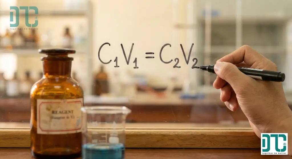 Công thức tính pha loãng C1V1 = C2V2 áp dụng cho nồng độ mol (M) và thể tích dung dịch (V) trong phòng thí nghiệm.