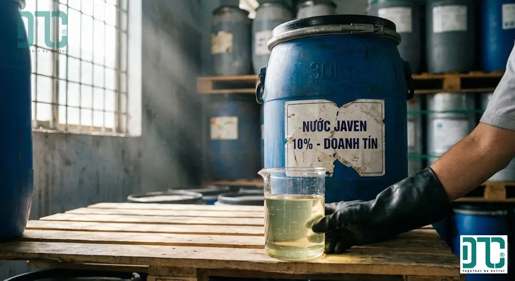 Cận cảnh dung dịch hóa chất Sodium Hypochlorite (nước Javen 10%) có màu vàng nhạt đặc trưng trong cốc thủy tinh và quy cách đóng gói can 30kg tại kho hàng Hóa chất Doanh Tín ở Việt Nam.