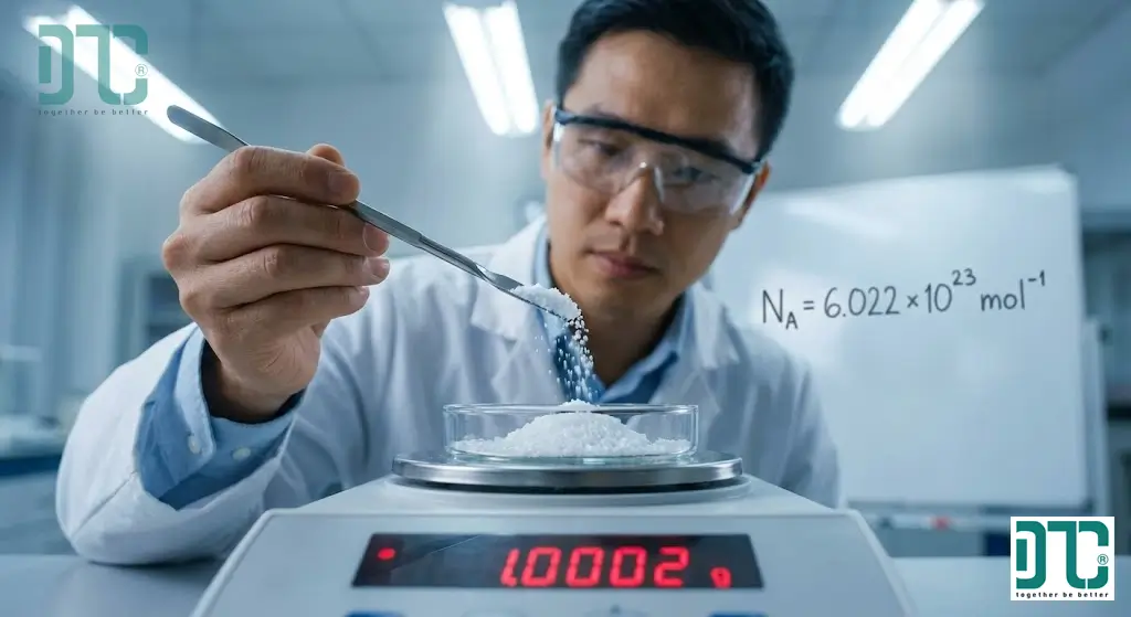 Hình ảnh minh họa định nghĩa Mol và hằng số Avogadro thông qua việc cân hóa chất chính xác trong phòng thí nghiệm.