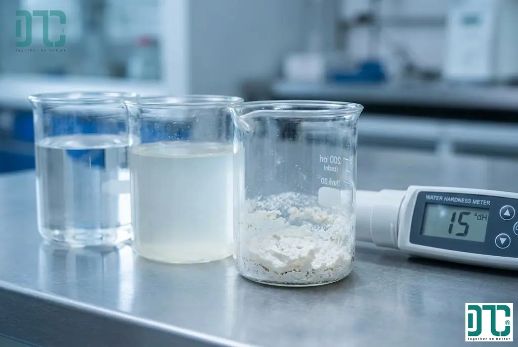 So sánh các mẫu nước có độ cứng khác nhau và máy đo độ cứng dH hiển thị kết quả - Chuyển đổi độ cứng nước.