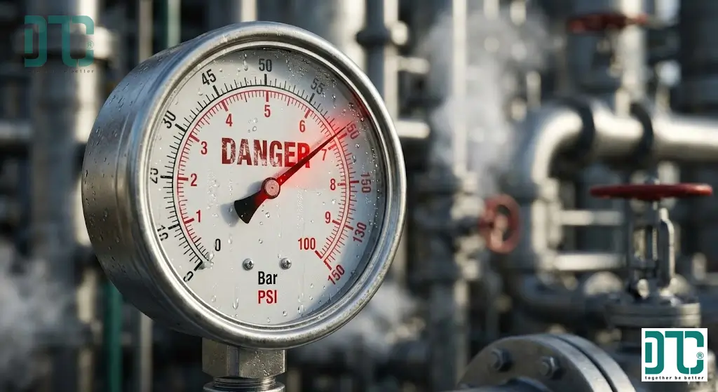 Đồng hồ đo áp suất công nghiệp hiển thị thang đo Bar và PSI trên đường ống hóa chất - Quy đổi áp suất an toàn.