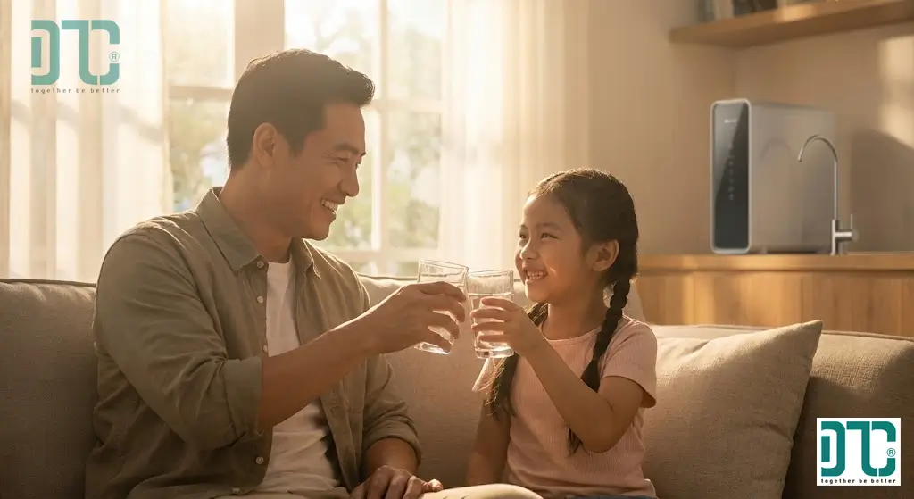 Gia đình Việt Nam sử dụng nguồn nước sạch an toàn sau khi xử lý đạt tiêu chuẩn nước sinh hoạt QCVN 02.