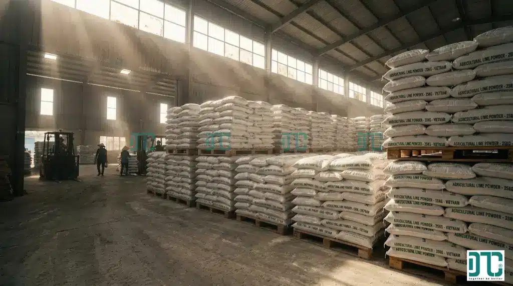 Kho hàng vôi bột nông nghiệp số lượng lớn, báo giá vôi bột bao 25kg giá sỉ tại đại lý, sẵn sàng vận chuyển đi các tỉnh.
