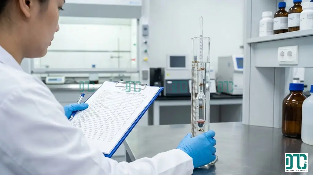 Cách kiểm tra nồng độ và tỷ trọng oxy già 50% bằng tỷ trọng kế để tránh mua phải hàng giả.