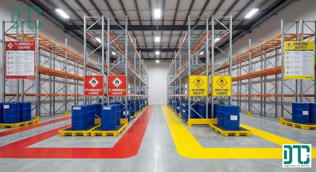 Quy tắc sắp xếp kho hóa chất an toàn, cách ly các chất oxy hóa và chất dễ cháy theo tiêu chuẩn PCCC.