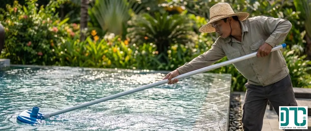 Quy trình hút cặn đáy hồ bơi và vệ sinh vật lý giúp nước trong vắt và sạch rêu tảo.