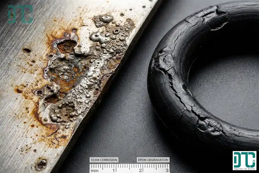 So sánh hình ảnh thực tế ăn mòn hóa học trên inox và hiện tượng trương nở vật lý của gioăng cao su khi tiếp xúc dung môi.